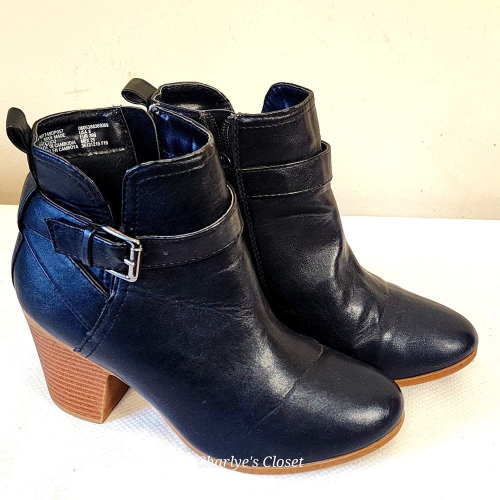 Casual Ankle Boots 8 Black Block Heel Buckle Rustic Boho Biker Mountain‎